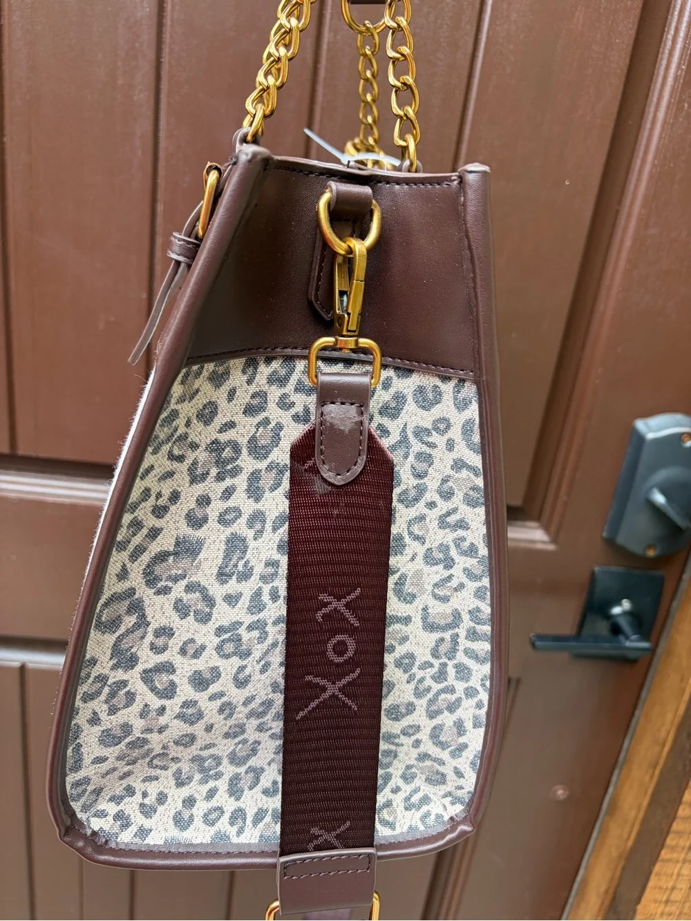 Betsey Johnson Brown Leopard-Print Satchel with Gold Chain Handles